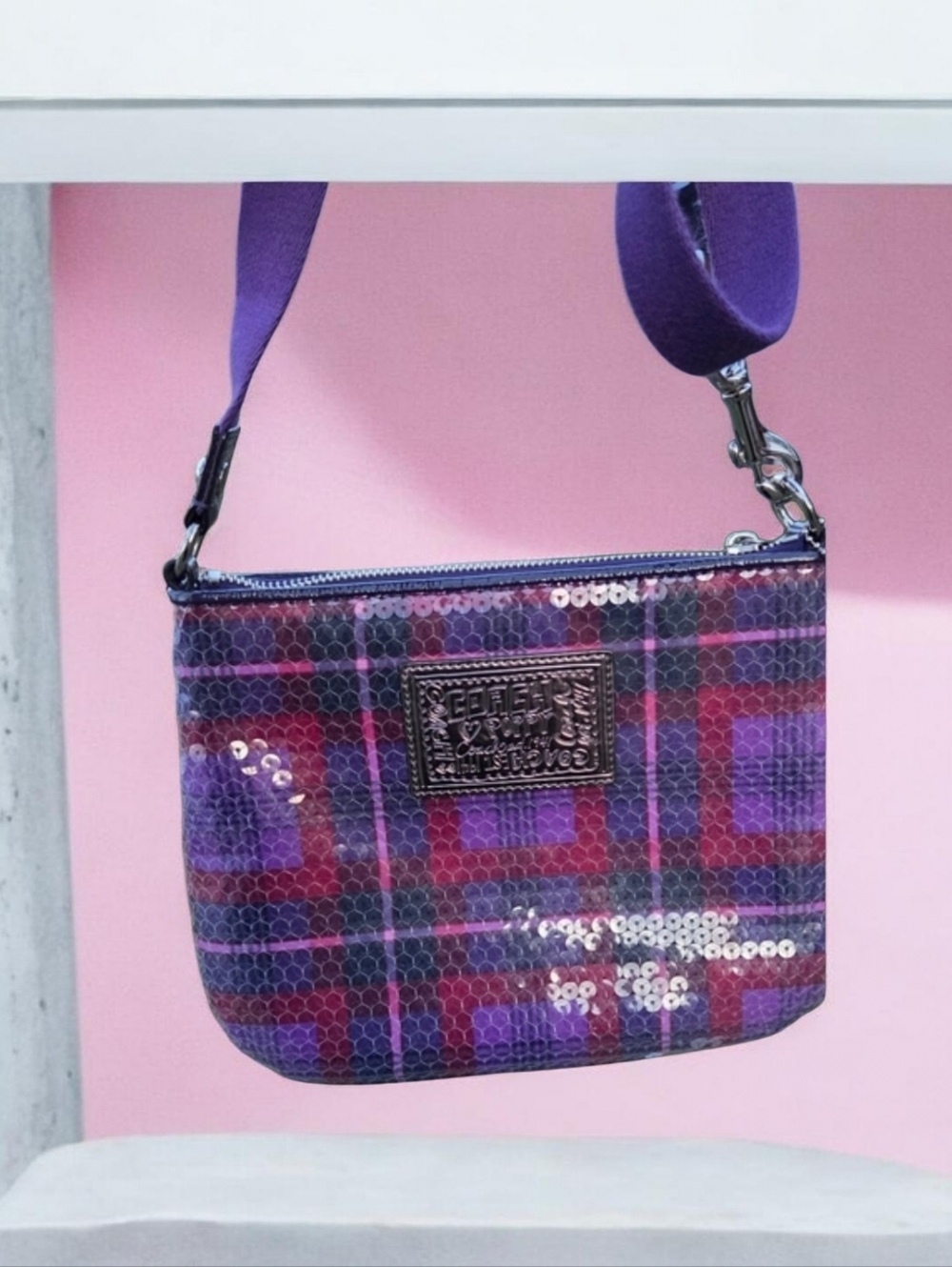 COACH POPPY, PURPLE PLAID SEQUIN- EUC